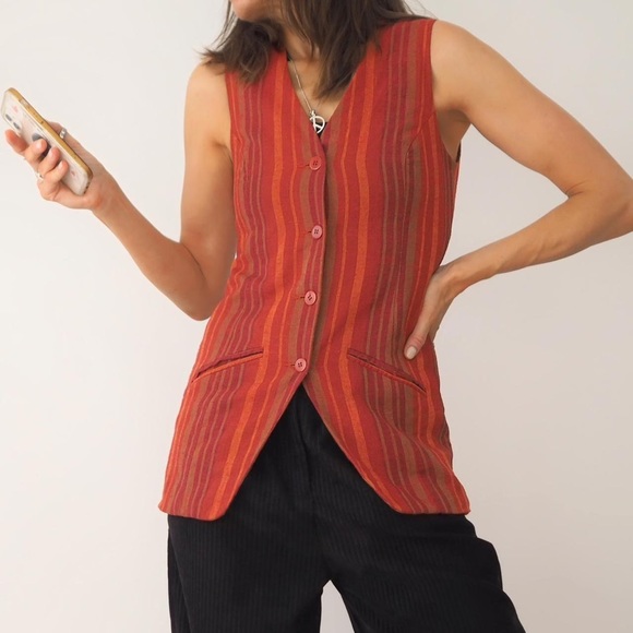 VINTAGE 90’s RED-ORANGE STRIPE LINEN-BLEND LONGLINE WAISTCOAT VEST - Picture 5 of 7
